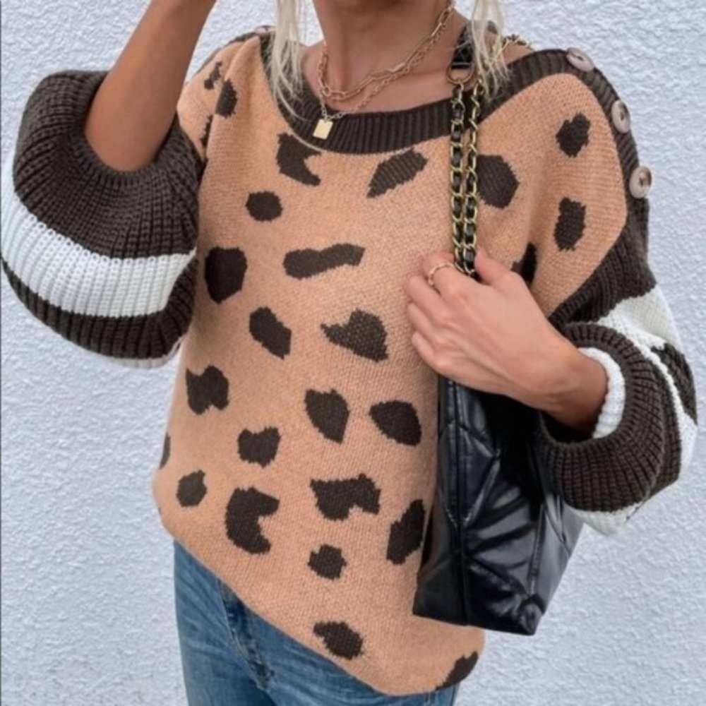 Contemporary Brown White Stripe Leopard Oversized - Picture 2 of 7